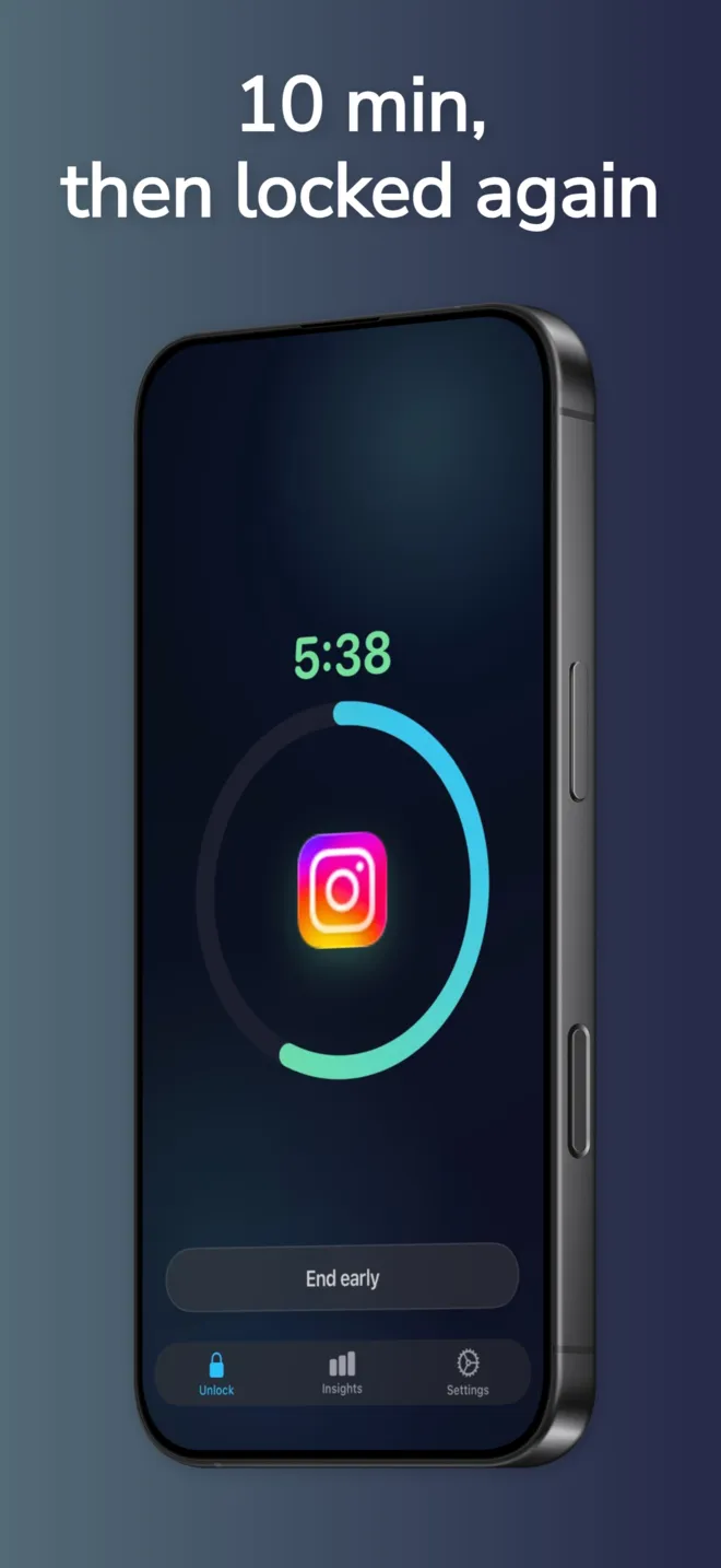 OpenIntent timer at 5:38 counting down before the app locks again.